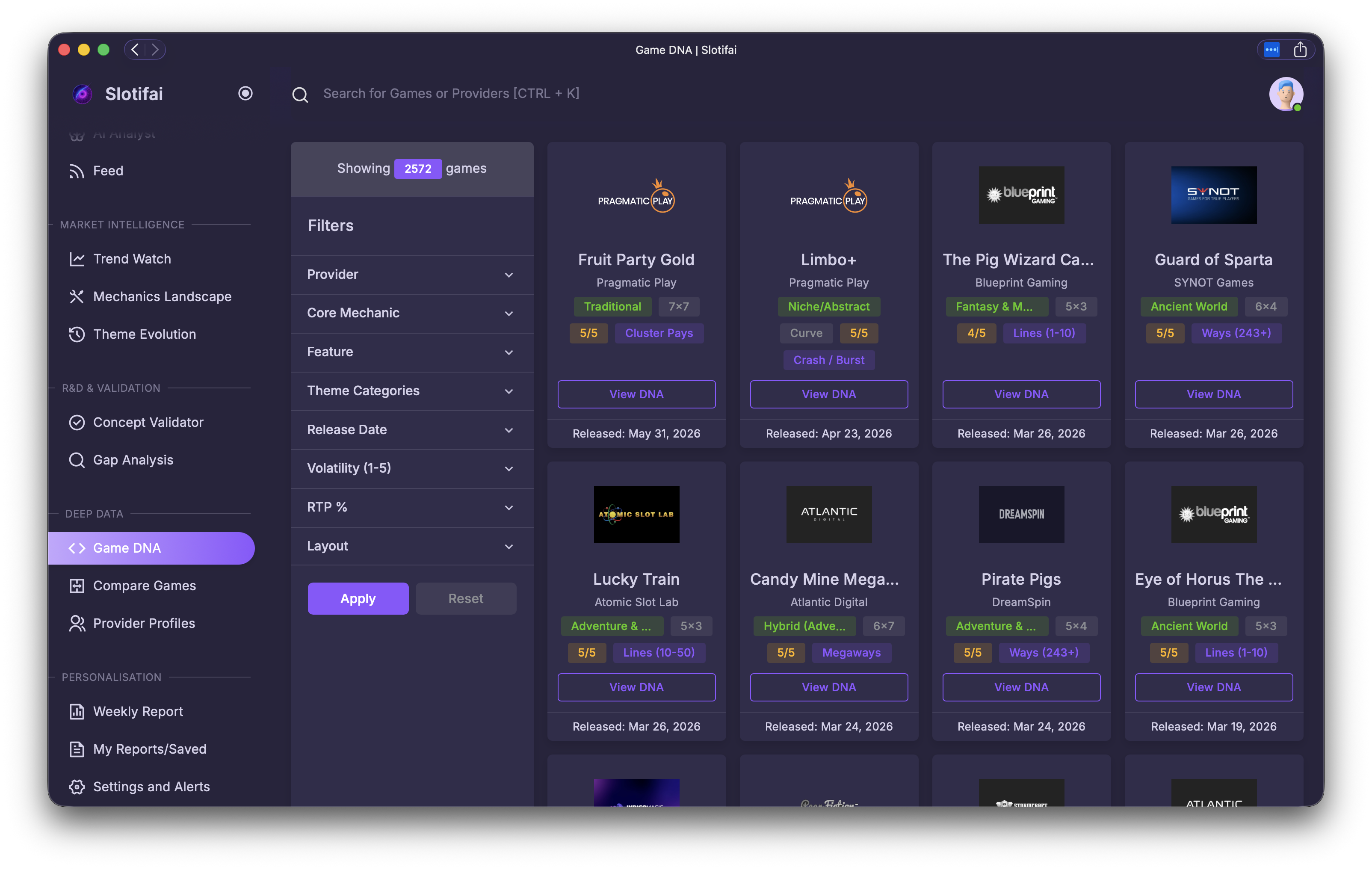 Game DNA — filter panel
