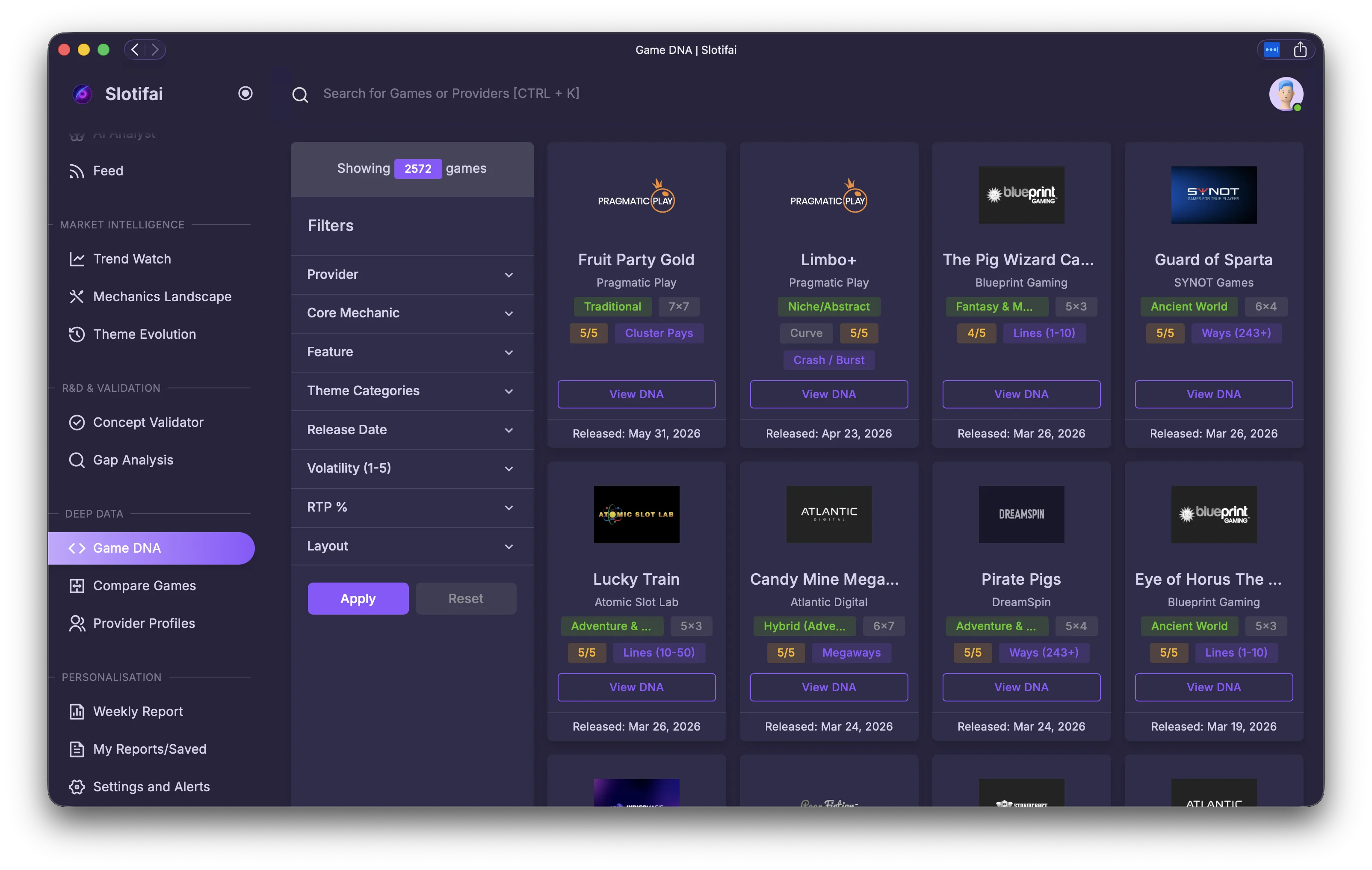 Game DNA — filter panel
